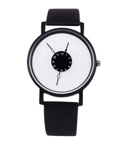 Orologio da polso con design scientifico minimalista, quadrante bianco con indicatore di ore e minuti, cinturino nero in silicone, perfetto come decorazione scientifica moderna.