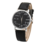 Orologio da polso con quadrante nero decorato con formule matematiche e equazioni, cinturino in pelle nera, stile moderno e originale, perfetto come decorazione scientifica o regalo.