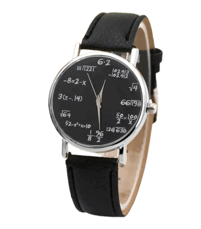 Orologio da polso con quadrante nero decorato con formule matematiche e equazioni, cinturino in pelle nera, stile moderno e originale, perfetto come decorazione scientifica o regalo.