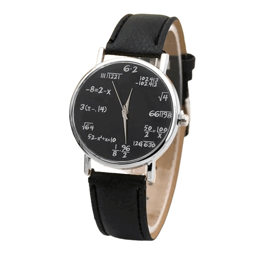 Orologio da polso con quadrante nero decorato con formule matematiche e equazioni, cinturino in pelle nera, stile moderno e originale, perfetto come decorazione scientifica o regalo.
