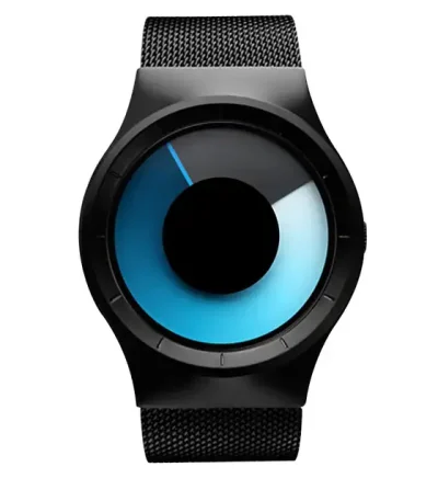 Orologio da polso con quadrante circolare e display digitale, stile contemporaneo, cinturino in tessuto nero, perfetto come decorazione scientifica moderna e accessorio di tendenza.