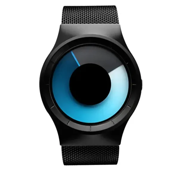 Orologio da polso con quadrante circolare e display digitale, stile contemporaneo, cinturino in tessuto nero, perfetto come decorazione scientifica moderna e accessorio di tendenza.