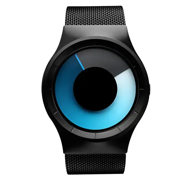 Orologio da polso con quadrante circolare e display digitale, stile contemporaneo, cinturino in tessuto nero, perfetto come decorazione scientifica moderna e accessorio di tendenza.