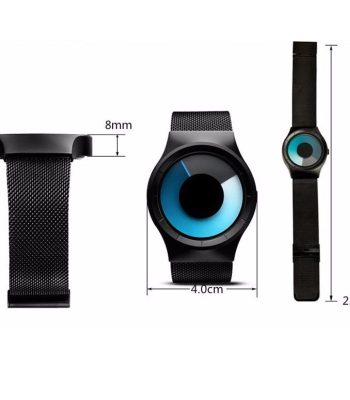 Orologio digitale con cinturino in mesh nero, quadrante rotondo con effetto visivo ispirato a un elemento scientifico, dimensioni 4x23 cm, spessore 8 mm, perfetto come decorazione scientifica e access.