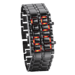 Orologio a LED nero con display luminoso rosso, design moderno e innovativo, perfetto come decorazione scientifica e accessorio tecnologico.