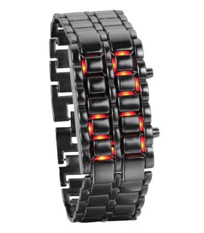 Orologio a LED nero con display luminoso rosso, design moderno e innovativo, perfetto come decorazione scientifica e accessorio tecnologico.