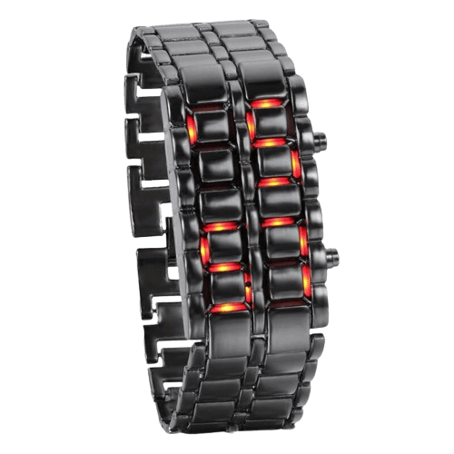 Orologio a LED nero con display luminoso rosso, design moderno e innovativo, perfetto come decorazione scientifica e accessorio tecnologico.
