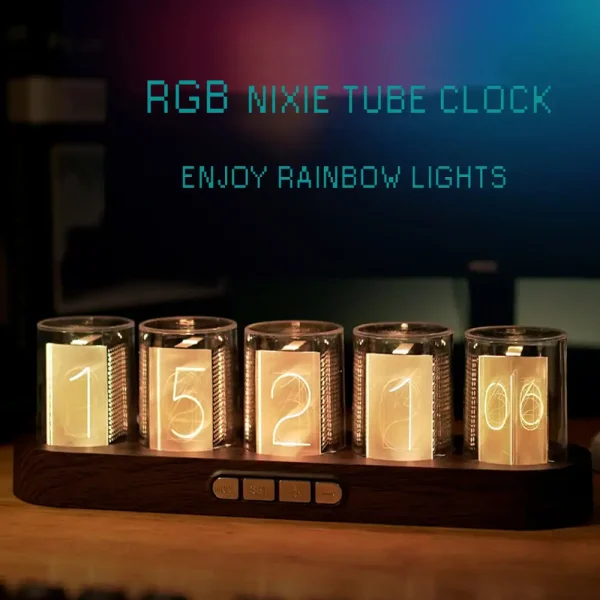 Orologio decorativo con tubi Nixie RGB e luci arcobaleno, perfetto come oggetto scientifico e decorativo per ambienti moderni e innovativi.