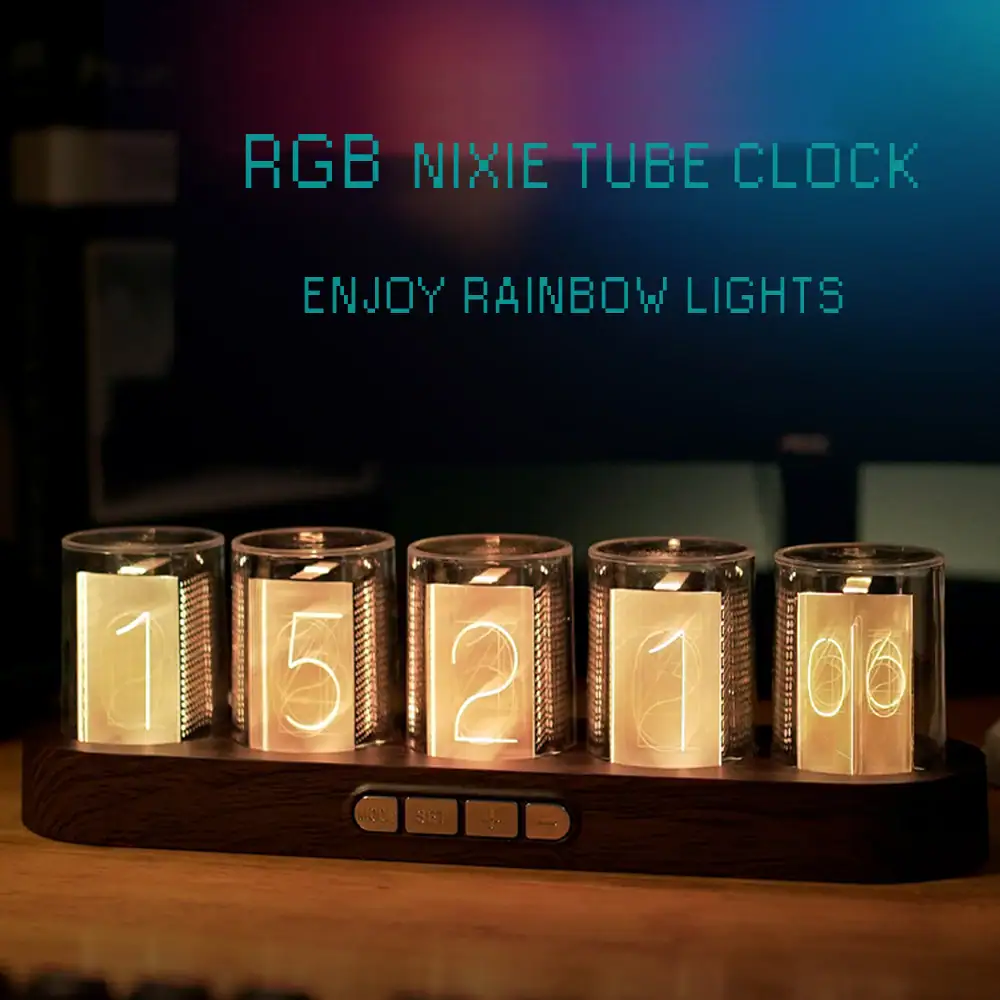 Orologio decorativo con tubi Nixie RGB e luci arcobaleno, perfetto come oggetto scientifico e decorativo per ambienti moderni e innovativi.