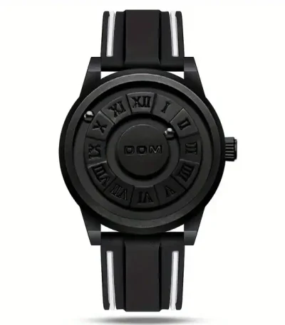 Orologio scientifico nero con cinturino in silicone e quadrante con numeri romani, design moderno e innovativo, perfetto come decorazione scientifica o oggetto da collezione.