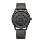 Orologio con design scientifico, quadrante nero con numeri romani e cinturino in pelle grigia, perfetto come decorazione o oggetto da collezione scientifica.