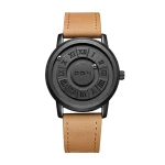 Orologio con quadrante scientifico e numeri romani, cinturino in pelle marrone, stile moderno e funzionale, perfetto come decorazione o oggetto da collezione scientifica.