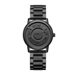 Orologio nero con numeri romani e design minimalista, perfetto come decorazione scientifica o accessorio di stile.