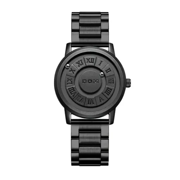 Orologio nero con numeri romani e design minimalista, perfetto come decorazione scientifica o accessorio di stile.
