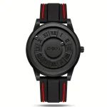 Orologio da uomo con cinturino in silicone nero e dettagli rossi, quadrante nero con numeri romani e stile minimalista, perfetto per appassionati di design e tecnologia.