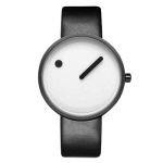 Orologio da polso minimalista con quadrante bianco, lancetta nera e cinturino in pelle nera, design elegante e semplice, perfetto come decorazione scientifica o accessorio di stile.