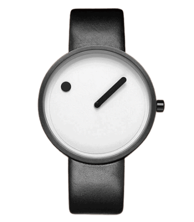 Orologio da polso minimalista con quadrante bianco, lancetta nera e cinturino in pelle nera, design elegante e semplice, perfetto come decorazione scientifica o accessorio di stile.