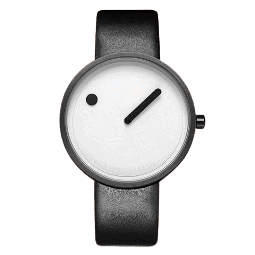Orologio da polso minimalista con quadrante bianco, lancetta nera e cinturino in pelle nera, design elegante e semplice, perfetto come decorazione scientifica o accessorio di stile.