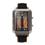 Orologio vintage con display Nixie a tubi al neon, cinturino in silicone nero e dettagli arancioni, perfetto come decorazione scientifica originale e moderna.