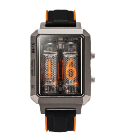 Orologio vintage con display Nixie a tubi al neon, cinturino in silicone nero e dettagli arancioni, perfetto come decorazione scientifica originale e moderna.