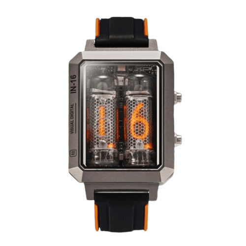 Orologio vintage con display Nixie a tubi al neon, cinturino in silicone nero e dettagli arancioni, perfetto come decorazione scientifica originale e moderna.