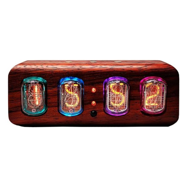 Pannello decorativo con tubi Nixie in legno, perfetto come oggetto scientifico e decorativo, con luci colorate e design vintage.