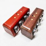 Due blocchi di legno con interruttori e indicatori luminosi, ideali come decorazioni scientifiche o oggetti da collezione. Perfetti per appassionati di scienza e design innovativo.