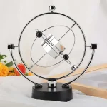 Orologio scientifico moderno con design minimalista in metallo nero e dettagli argentati, perfetto come decorazione per appassionati di scienza e design innovativo.