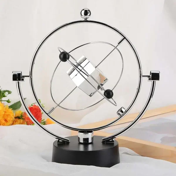 Orologio scientifico moderno con design minimalista in metallo nero e dettagli argentati, perfetto come decorazione per appassionati di scienza e design innovativo.