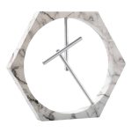 Orologio da tavolo con cornice in marmo bianco e lancette in metallo, design moderno e elegante, perfetto come decorazione scientifica o da scrivania.