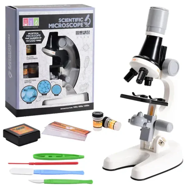 Microscopio scientifico con ingrandimento 400x, ideale per studio e ricerca, completo di accessori e scatola. Perfetto per appassionati di scienza e attività educative.