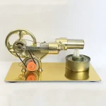 Modello di pistone a vapore in miniatura con ruota e cilindro dorato, perfetto come oggetto decorativo scientifico o da collezione.