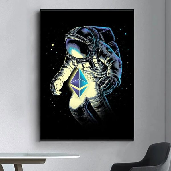 Astronauta nello spazio con simbolo Ethereum luminoso, rappresentando innovazione e tecnologia nel settore scientifico e digitale.