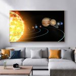 Quadro decorativo raffigurante il sistema solare con il sole e i pianeti, ideale per decorare ambienti scientifici o studi.
