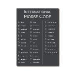 Tavola con il codice Morse internazionale, mostra le lettere dell'alfabeto e i numeri con i rispettivi punti e linee, ideale come decorazione educativa o da collezione.