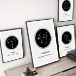 Poster con rappresentazioni delle costellazioni zodiacali Ariete, Toro, Leone, Scorpione e Capricorno in stile grafico nero e bianco.