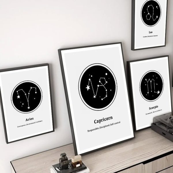 Poster con rappresentazioni delle costellazioni zodiacali Ariete, Toro, Leone, Scorpione e Capricorno in stile grafico nero e bianco.