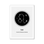 Simbolo zodiacale del Leone rappresentato con stelle e costellazioni su sfondo nero, ideale come decorazione scientifica o simbolo astrologico.