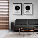 Decorazioni astrologiche con poster di segni zodiacali Aries e Sagittario in stile minimalista, perfette per arredare il soggiorno con un tocco di eleganza e mistero.