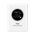 Simbolo zodiacale della Vergine con stelle e costellazioni, rappresentato in stile minimalista bianco su sfondo nero, ideale come decorazione scientifica o astrologica.