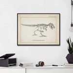 T-Rex scheletro illustrato in stile vintage, perfetto come decorazione scientifica per studi e ambienti educativi.