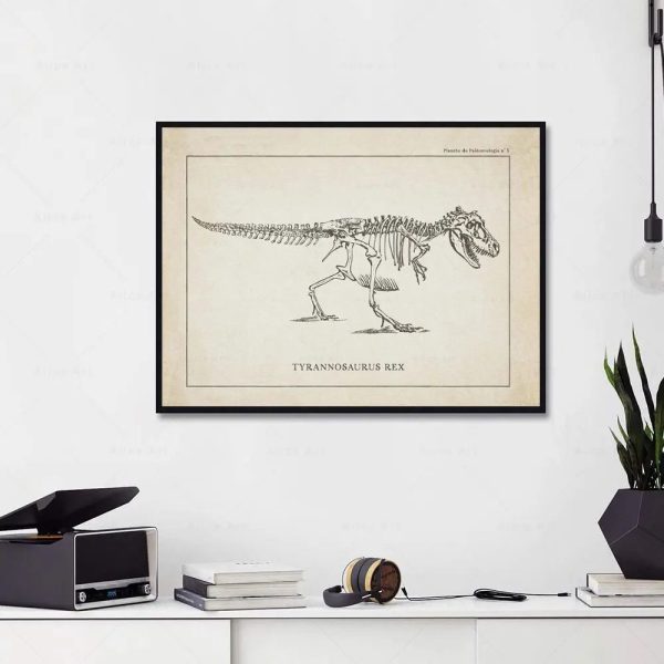 T-Rex scheletro illustrato in stile vintage, perfetto come decorazione scientifica per studi e ambienti educativi.