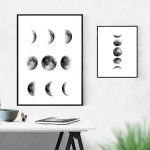 Poster con illustrazioni delle fasi lunari, mostra le diverse fasi della luna in bianco e nero, ideale come decorazione scientifica moderna.