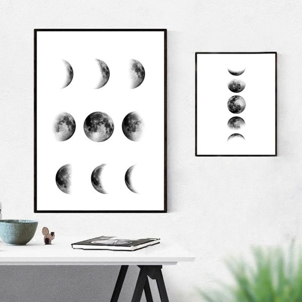 Poster con illustrazioni delle fasi lunari, mostra le diverse fasi della luna in bianco e nero, ideale come decorazione scientifica moderna.
