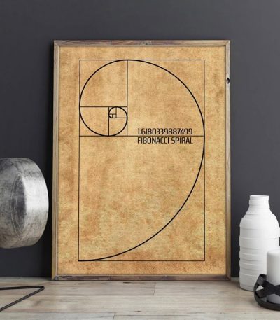 Tavola decorativa con la spirale di Fibonacci, simbolo di proporzione e armonia in natura, ideale per arredamento moderno e studi scientifici.