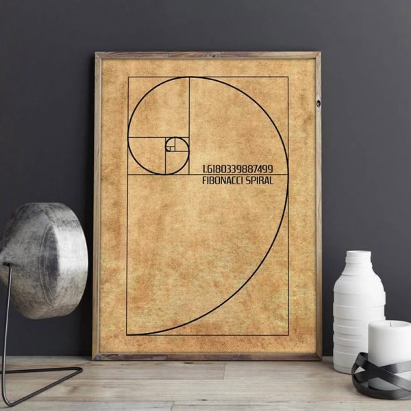 Tavola decorativa con la spirale di Fibonacci, simbolo di proporzione e armonia in natura, ideale per arredamento moderno e studi scientifici.