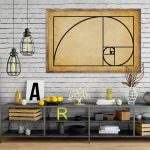 Decorazione moderna con la sequenza di Fibonacci, elementi di design minimalista e geometrico, ideale per ambienti contemporanei e studi di design.