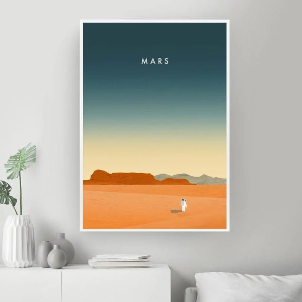 Poster artistico con paesaggio marziano e astronauta, rappresenta il pianeta Marte con un cielo sfumato e un astronauta in primo piano, ideale come decorazione scientifica o da collezione.