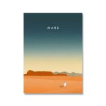 Paesaggio marziano con rover e montagne, rappresentazione artistica di Marte, sfondo celeste e superficie rossa, decorazione scientifica per appassionati di spazio.