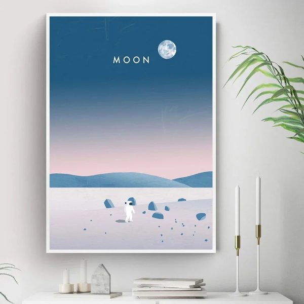 Poster decorativo con immagine di luna e paesaggio lunare, stile minimalista e colori pastello, perfetto per decorare ambienti con tema spaziale o scientifico.